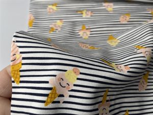 Bomuldsjersey - søde isvafler og offwhite/navy striber